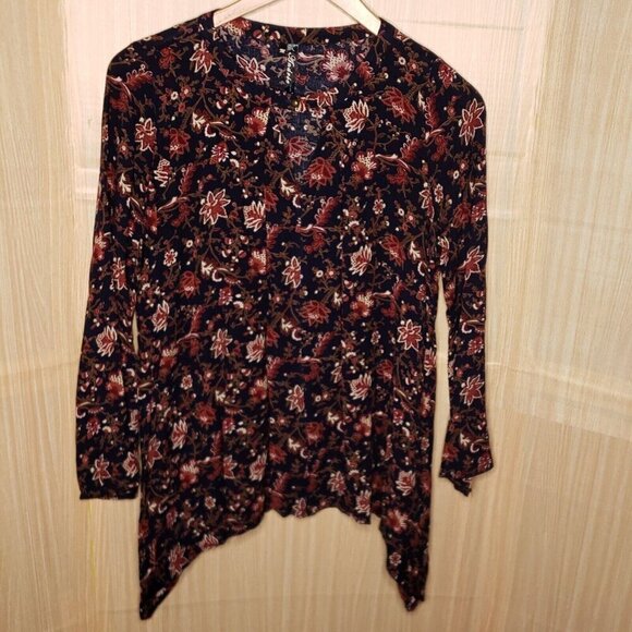 Andree By Unit Womens Navy Floral Asymmetrical Tunic Blouse Medium - Picture 1 of 7